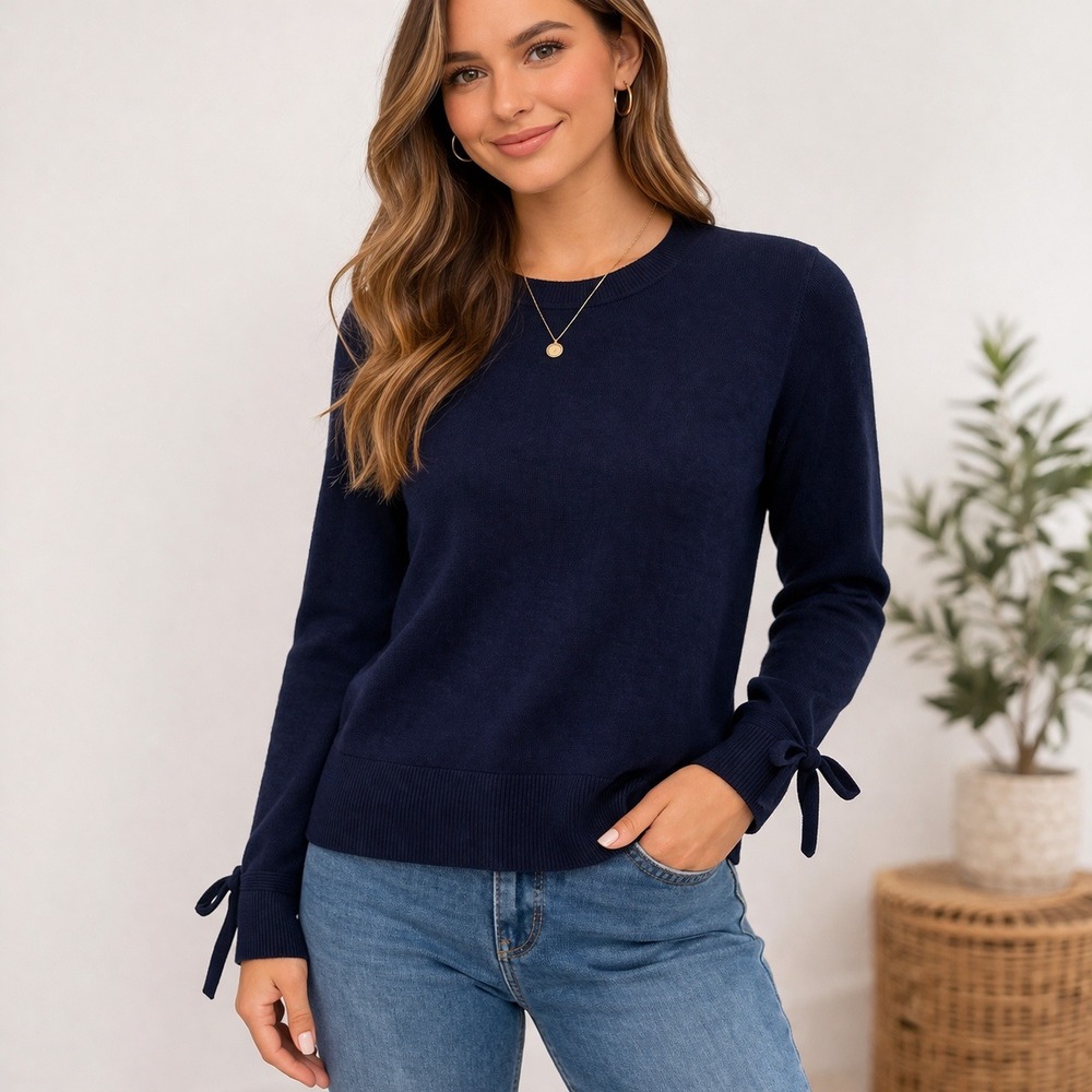 LOFT Women's Navy Sweater Small NWT Wool Blend 3/4 Sleeve Tie Cuffs Soft